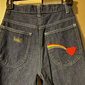 Vintage dark denim barrel leg jeans with fabulous embroidery on back pocket